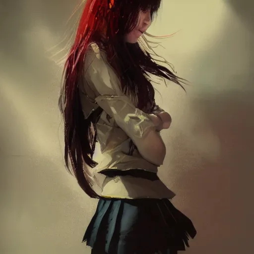 Image similar to full body portrait of a korean schoolgirl with long hair and bangs, her arms are mutating into thin red tedrils, dramatic lighting, illustration by Greg rutkowski, yoji shinkawa, 4k, digital art, sci-fi horror concept art, trending on artstation