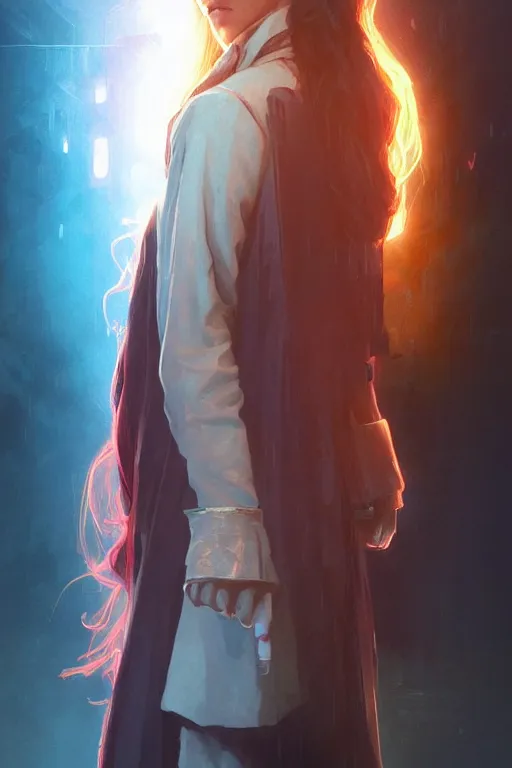 Prompt: portrait of Hermione Granger in cyberpunk, neon lighting, digital art from artstation by Ruan Jia and Mandy Jurgens and Artgerm and william-adolphe bouguereau and Greg Rutkowski and Wayne Barlowe