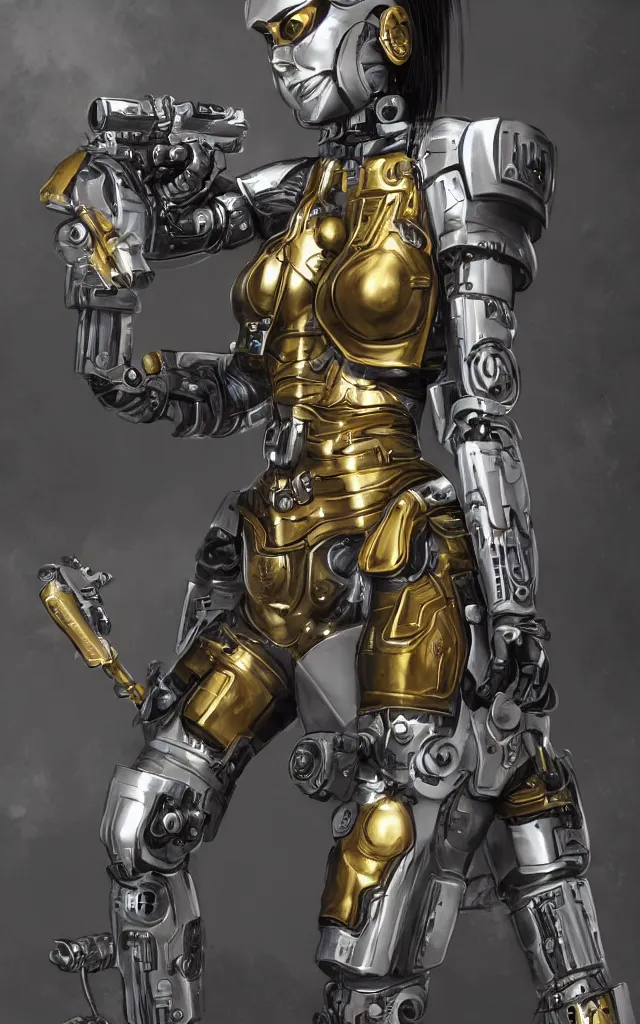 Image similar to A cybernetic lady warrior with silver armor trimmed with gold, holding a future machine gun, trending on artstation, 4k, Masterpiece