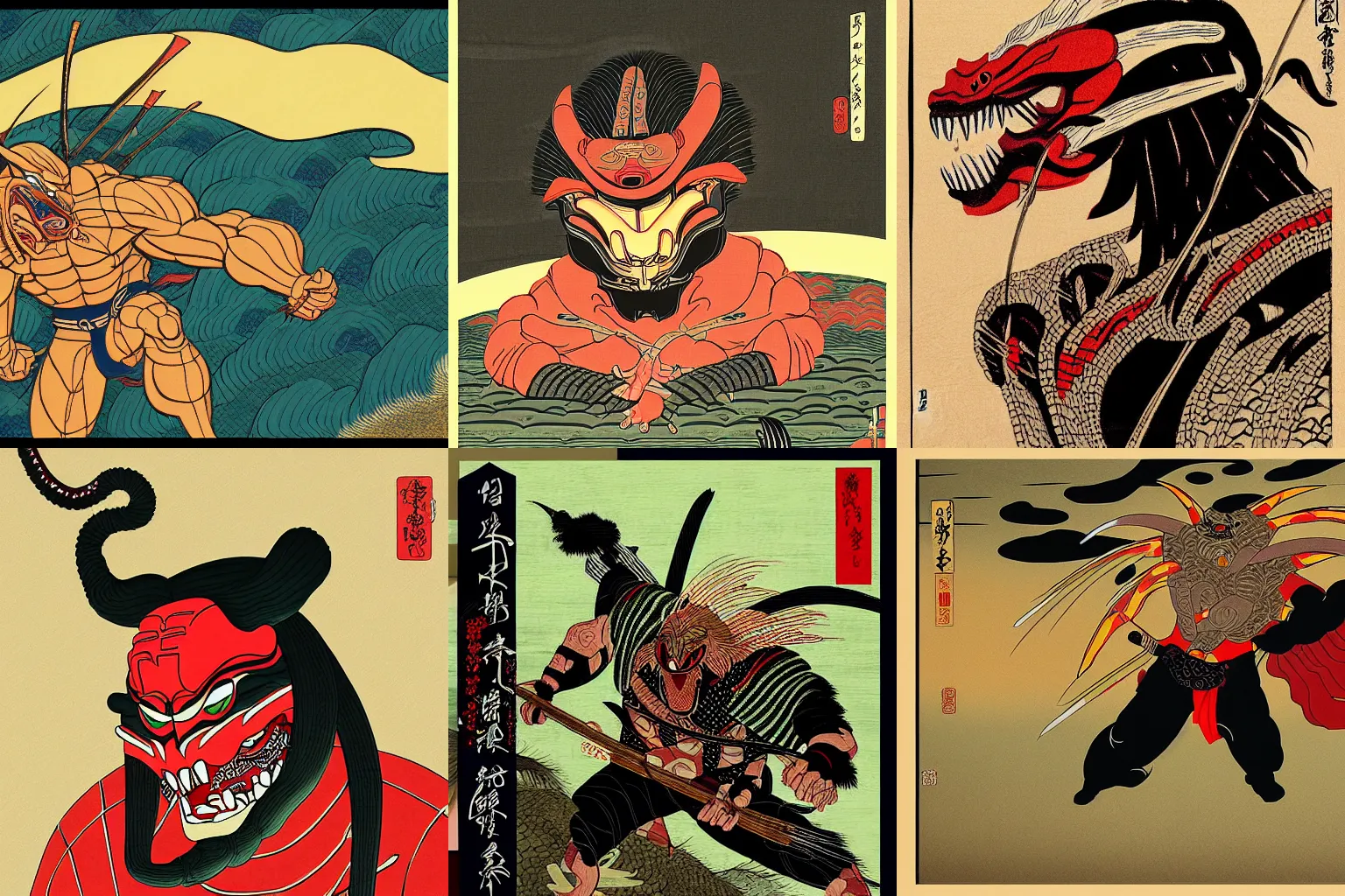 Prompt: digital painting of The Predator in ancient Japan, ukiyo-e style, trending on Artstation