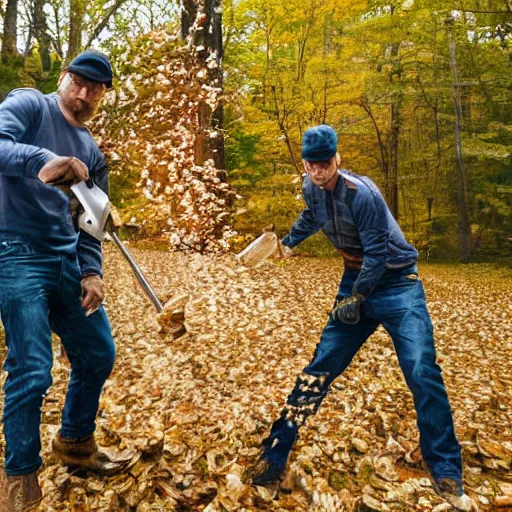 Image similar to men with leaf blowers fighting the falling leaves in a forest