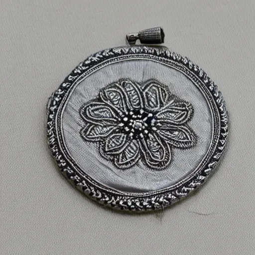 Image similar to Silver embroidered baldurs-gates amulet, realistic, clean,