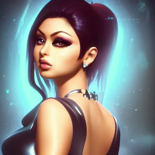 Image similar to portait of haifa wehbe, long hair centred, hd, very detailed curve, unreal engine, sailor moon style, amazing background, rending artstation