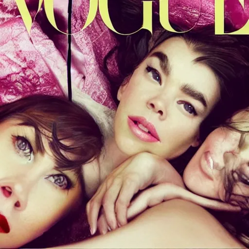 Image similar to stunning vogue magazine photo of dark - haired goddesses vanessa kirby, hailee steinfeld, and bjork smiling, legs intertwined, laying back on the bed, with wet faces!!, wet lips, perfect eyes, insanely detailed, elegant, by wlop, rutkowski, livia prima, mucha, wlop,