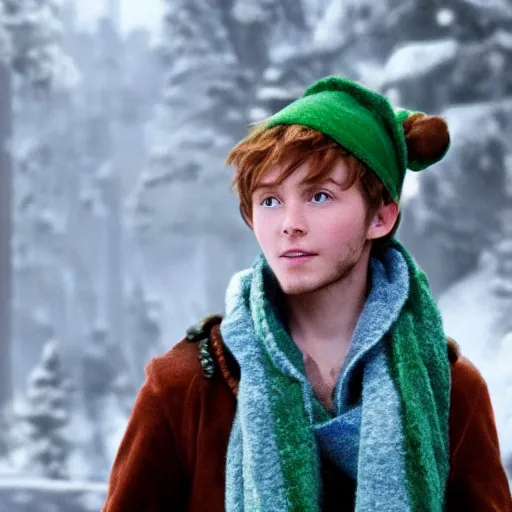 Prompt: Peter pan wearing a scarf in the cold,detailed,live action