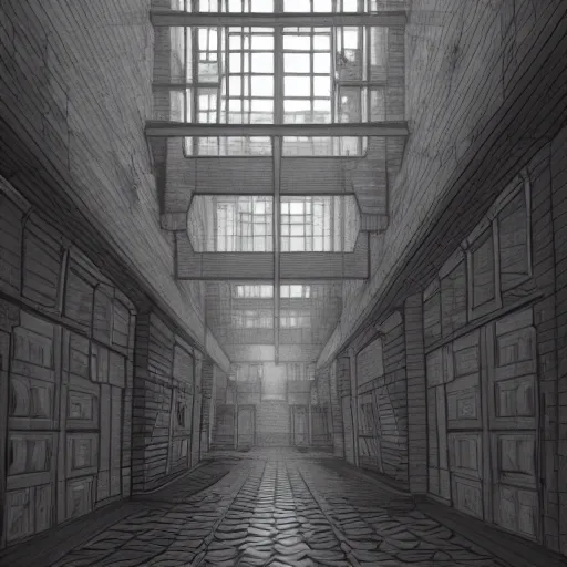 Prompt: a dark hallway with many doors and many stairs, Mc Escher architecture, epic composition, by Makoto Shinkai