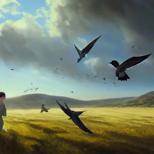 Prompt: flock of swallow birds flying in avila, golondrinas, green fields, spring season, 4 k, midday light, concept art, by wlop, ilya kuvshinov, artgerm, krenz cushart, greg rutkowski, pixiv. cinematic dramatic atmosphere, sharp focus, volumetric lighting, cinematic lighting, studio quality