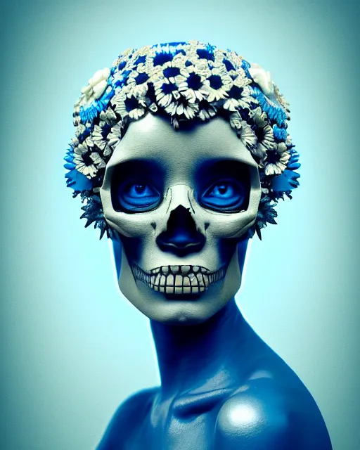 Prompt: hyperrealistic award winning photo of a tribal cyberpunk woman wearing ivory carved skull as helmet with blue and white flowers growing out of the skull by beeple