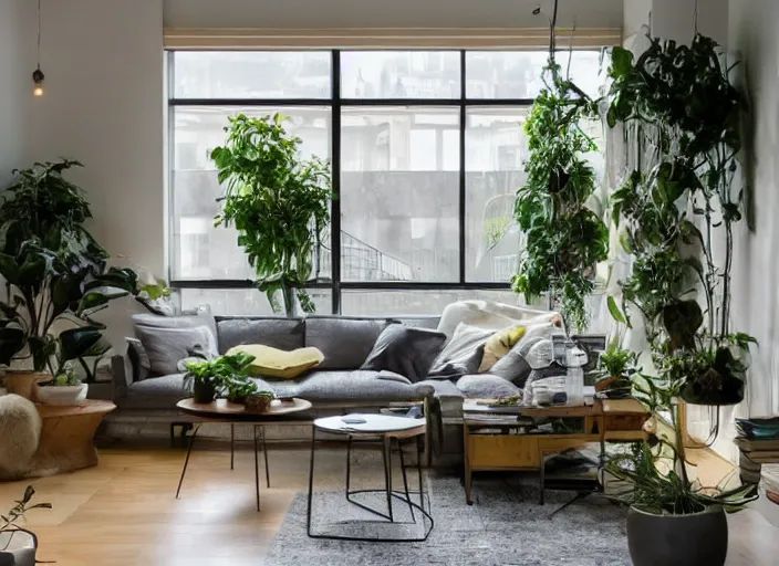 Prompt: interior design of a living room, inspired by brutalism, lots of plants, tiny windows