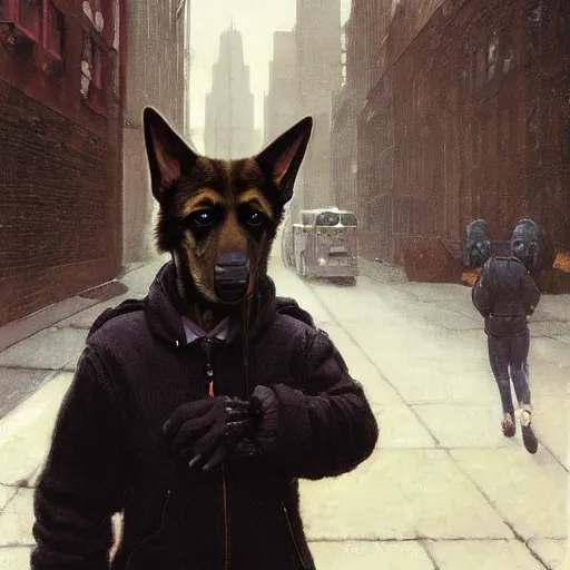 Image similar to new york city portrait of furry anthro anthropomorphic german shepard head animal person fursona wearing clothes cybernetic muzzle sad gloomy in the alley, sunny day, digital art by Nerdrum John, William Waterhouse, Winslow Homer, Alex Heywood, Jordan Grimmer, Darren Quach, Greg Rutkowski, Simon Stalenhag, trending on Artstation, CGSociety