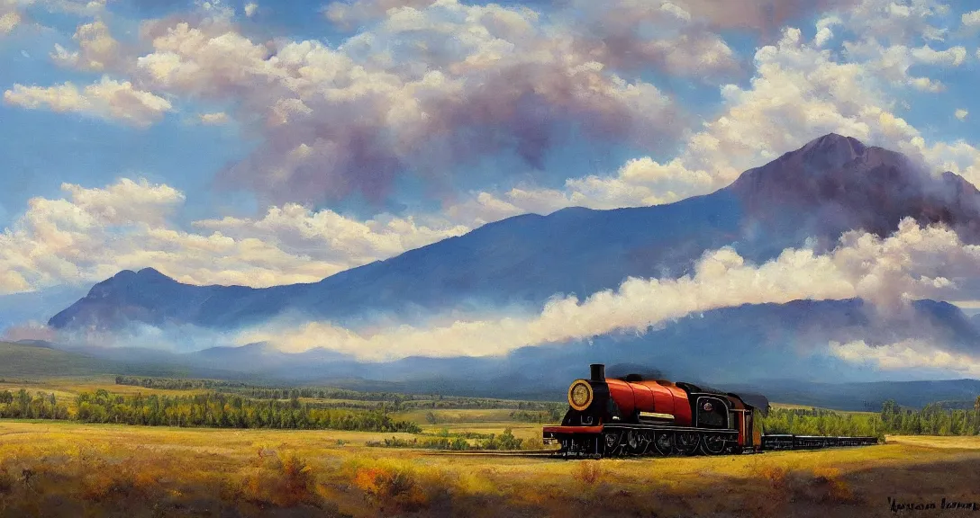 Image similar to a steam train in the distance, rocky mountains!, smoke in the distance!, beautiful, by norman wilson, oil painting, valley!