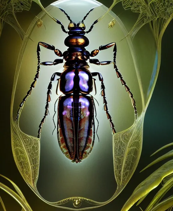 Prompt: intricate ornate opulent transparent clear see - through portrait of a playful beautiful alien beetle, fractal, adorable, childlike, overgrown biopunk jungle environment, ultra realistic, concept art, art nouveau, photorealistic, octane render, 8 k, unreal engine. art by christopher marley and artgerm and greg rutkowski and alphonse mucha