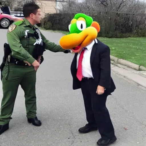 Prompt: photo of yoshi getting arrested for committing tax fraud, BuzzFeed photo (2022)