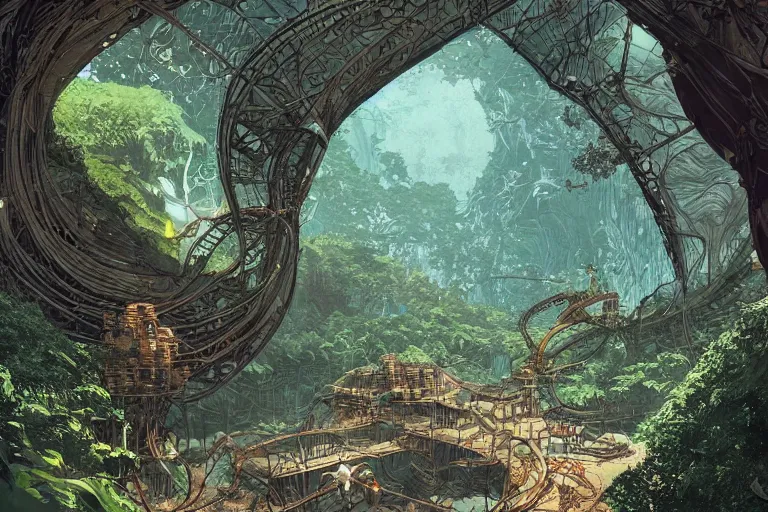 Prompt: steampunk natural cave with vegetation, kid and mad scientist walking, giant video screens, sci - fi, retrofuturism, concept art by moebius and victo ngai, architecture by francois schuiten, clean line, diesel punk, artstation