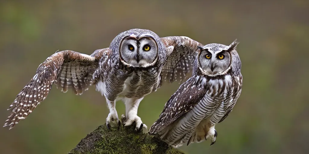 Image similar to scenic photo of an owl catching ancarrot focus on the owl's beak and eye. intricate eye. extremely large spread wings. extreme detail, hyperrealistic photo