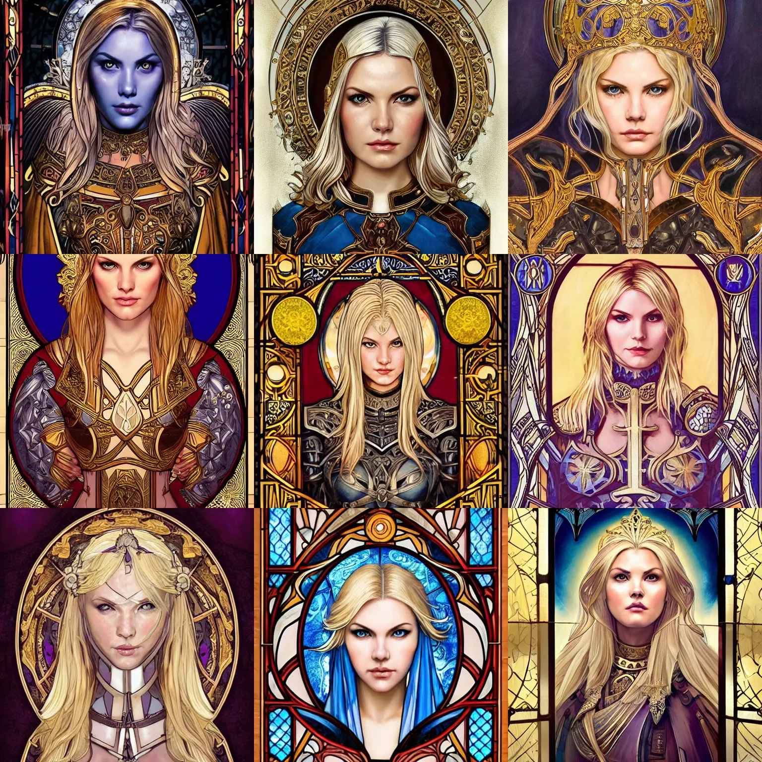 Prompt: head-on symmetrical centered painted portrait, Elisha Cuthbert as a paladin, blonde hair, golden halo, ornate iron armour, art nouveau tarot, fantasy, masterpiece stained glass, intricate, elegant, highly detailed, smooth, sharp focus, illustration, artstation, in the style of Artgerm and Anna Podedworna and Edgar Maxence and Alex Ross and Mucha