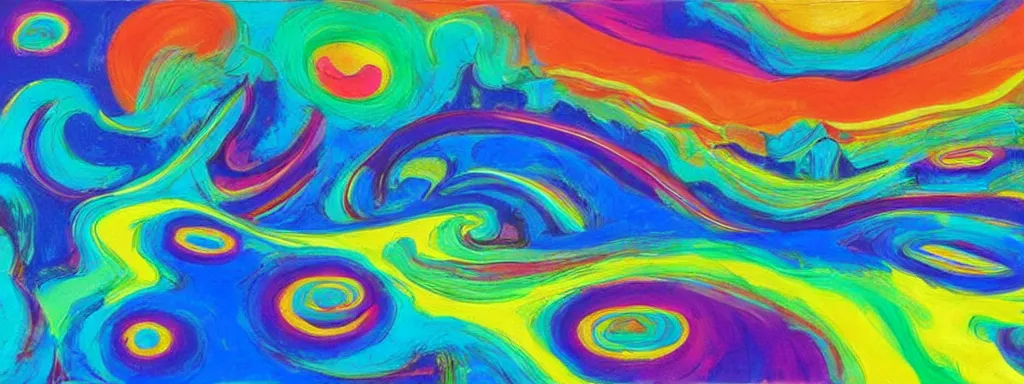 Prompt: Psychedelic sci-fi dreamworld. Landscape painting. Organic. Winding rushing water. Waves. Clouds. Peter Max.