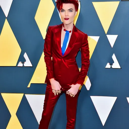 Image similar to Ruby Rose with spiky red hair and wearing gold contact lenses and dressed in a blue suit with a yellow tie