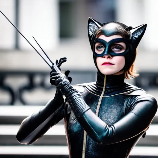 Prompt: Emma Watson as Catwoman, Fujifilm X-T3, 1/1250sec at f/2.8, ISO 160, 84mm, 8K, RAW, symmetrical balance, Dolby Vision