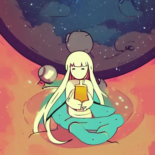 Image similar to relaxing in space in the style of lo-fi girl, anime, adventure time,