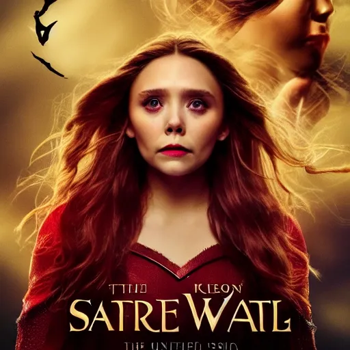 Prompt: movie poster'the scarlet witch'starring elizabeth olsen, 4 k quality, pinterest movie cover, trending on unsplash