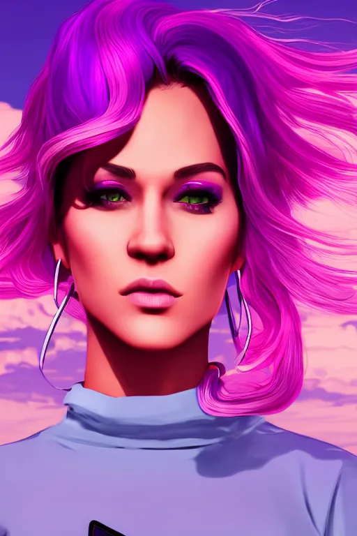 Image similar to a stunning GTA V loading screen with a beautiful woman with ombre purple pink hairstyle, hair blowing in the wind, outrun, vaporware, retro, digital art, trending on artstation