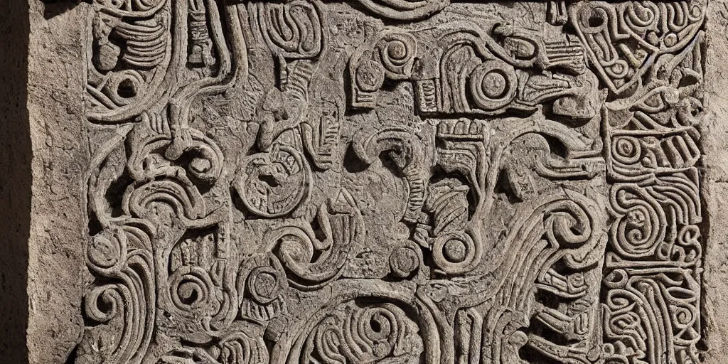 Prompt: detailed section of a decorative stone panel ornamented with schematic for alien technology. Mayan artifact, 4K high quality museum collection photograph