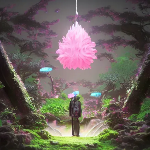 Image similar to 3 d scene of a japanese temple portal modelling goddess close - sakura trees everywhere, woodsman wearing a steampunk and neonpunk mechanical fluorescent mystical animal mask in strange misty mountain landscape. betta fish, jellyfish phoenix, bio luminescent, plasma, ice, water, wind, creature, artwork by tooth wu and wlop and beeple and greg rutkowski