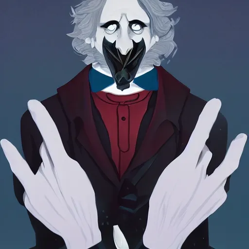 Prompt: Edgar Allan Poe as The Raven, a man with the beak of a raven, a raven that looks like Edgar Allen Poe , a haunting being that is part man and part bird, his nose is a black beak, ambient lighting, 4k, anime key visual, lois van baarle, ilya kuvshinov, rossdraws, artstation