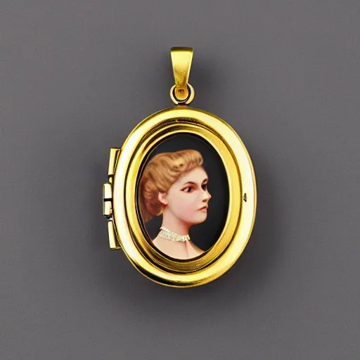 Image similar to open golden locket pendant with a retro photo of an elegant and aesthetic woman portrait, hanging from a closed hand.