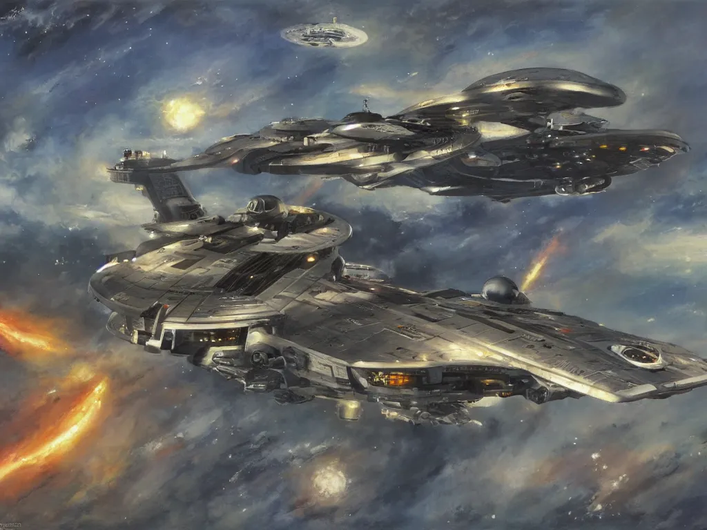 Prompt: The U.S.S. Enterprise from Star Trek, painted in the style of John Berkey