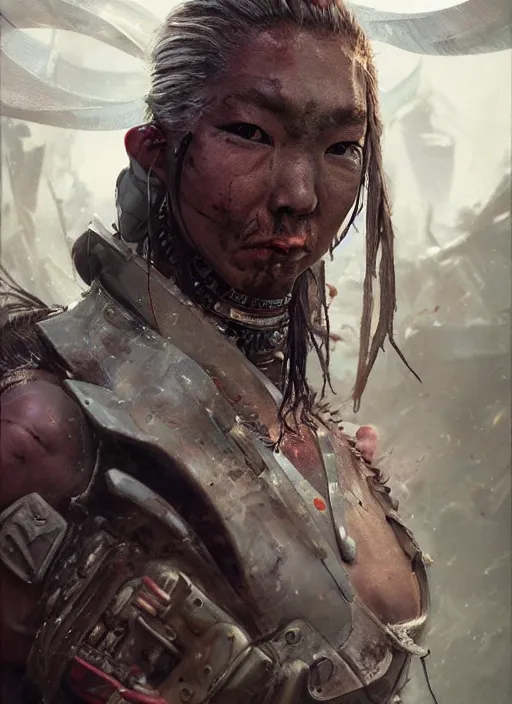 Prompt: hyper realistic photography portrait of postapocalyptic cyberpunk asian japanese cyborg tribal festival warrior amazon face cinematic, vallejo, craig mullins greg rutkowski, artstation, cgsociety