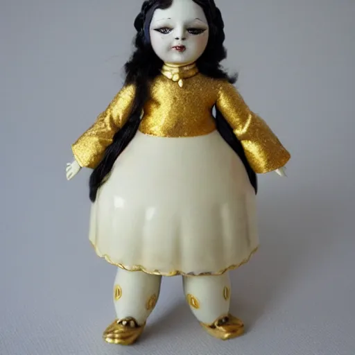 Prompt: ball-jointed doll, porcelain with golden intricate details, dark background