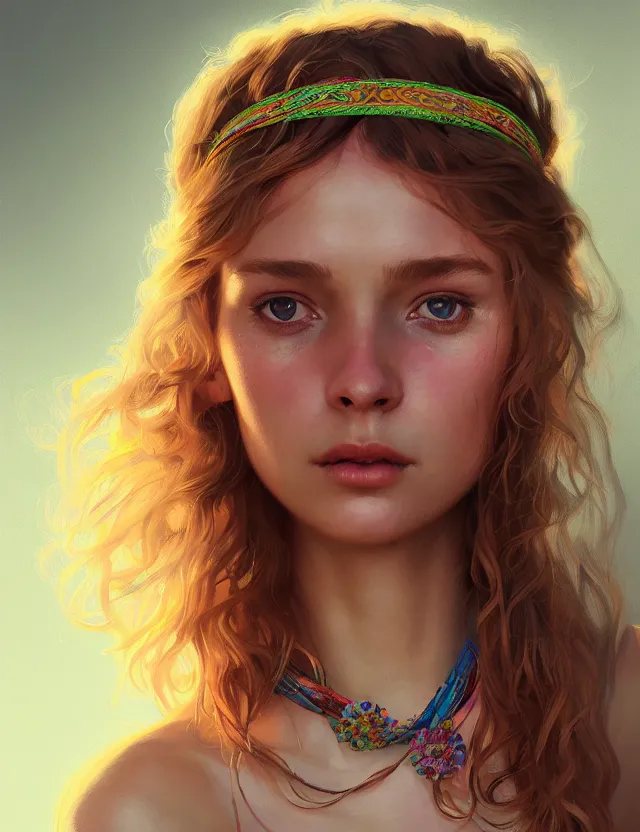 Image similar to portrait of a young woman wearing a boho dress, hippie girl, short blonde hair, groovy hairband, bangs, intricate, smooth, groovy lighting, highly detailed, digital painting, artstation, concept art, smooth, sharp focus, illustration, art by wlop, mars ravelo and greg rutkowski