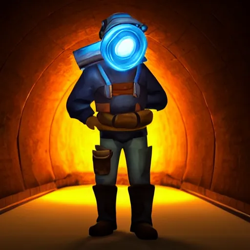 Image similar to portrait of a miner with headlamp as a character in the game League of Legends, dimly lit tunnel, detailed rugged face, old 3d graphics