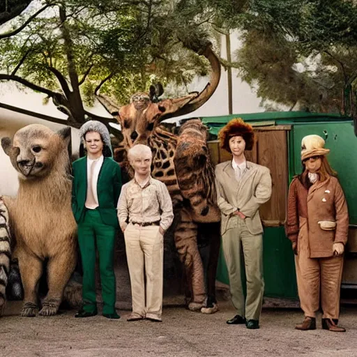 Prompt: zoo animals gathering for a full moon night, wes anderson style