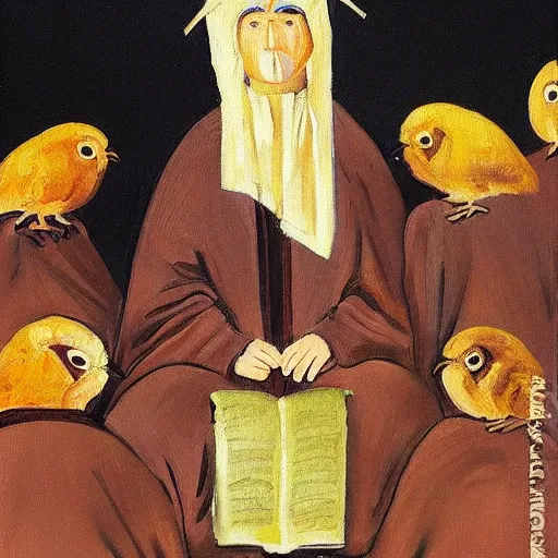 Image similar to “a painting of brown chickens on the head of a priest wearing black robes reading the bible in church”