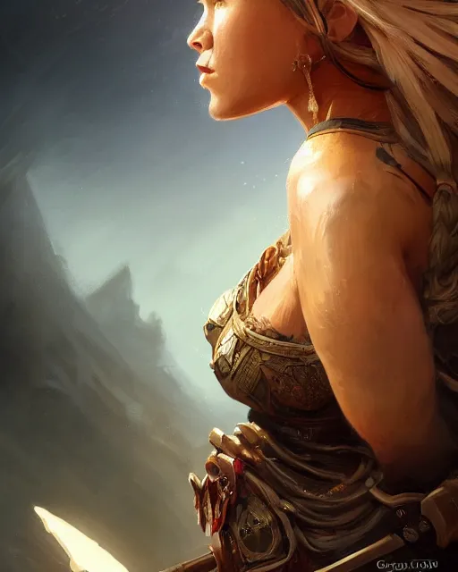 Image similar to A thick beautiful female warrior posing on a boat, well-shaped, beautiful face, close-up, fantasy woman, fantasy art, in the style of greg rutkowski, illustration, epic, fantasy, intricate, hyper detailed, artstation, concept art, smooth, sharp focus, ray tracing, profile shot