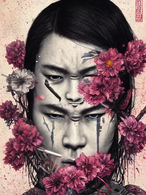 Prompt: art portrait of samurai with flowers for eyes,by tristan eaton,Stanley Artgermm,Tom Bagshaw,Greg Rutkowski,Carne Griffiths,trending on DeviantArt,face enhance,chillwave,minimalist,cybernetic, android, blade runner,full of colour,