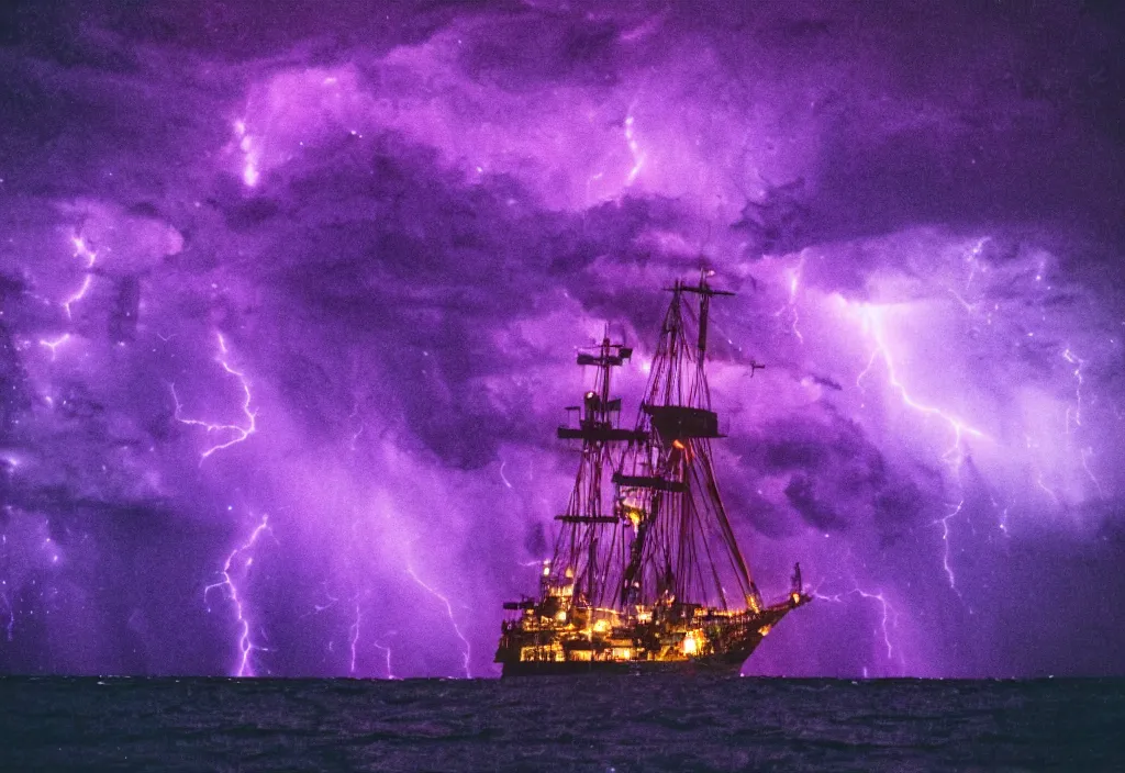 Image similar to purple color lighting storm with stormy sea,pirate ship firing its cannons with a water spout in the background. trippy nebula sky 50mm shot, fear and loathing movie