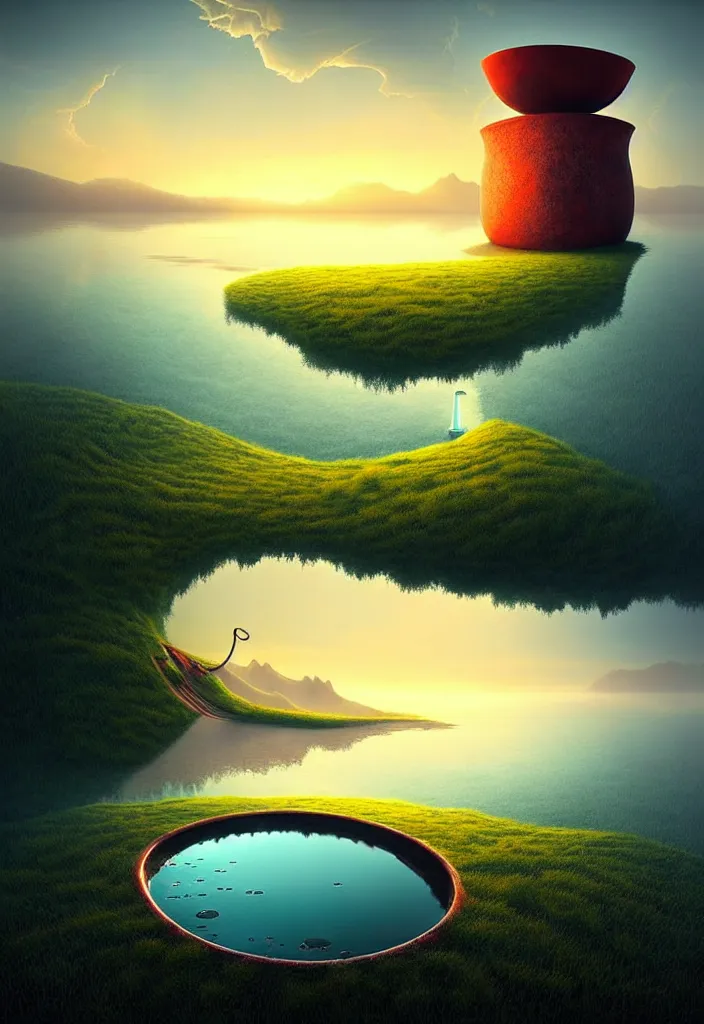 Image similar to a surreal landscape at sunset with a immense gigantic ornated iron chalice cup with a lake inside, water in excess droping by gediminas pranckevicius