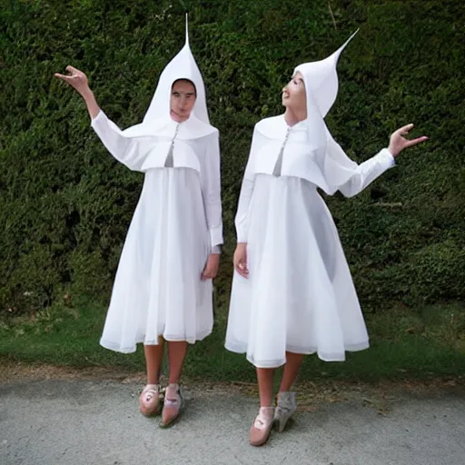 Image similar to photo of wearing pointed hats, translucent dresses, two freaky levitating twin nuns