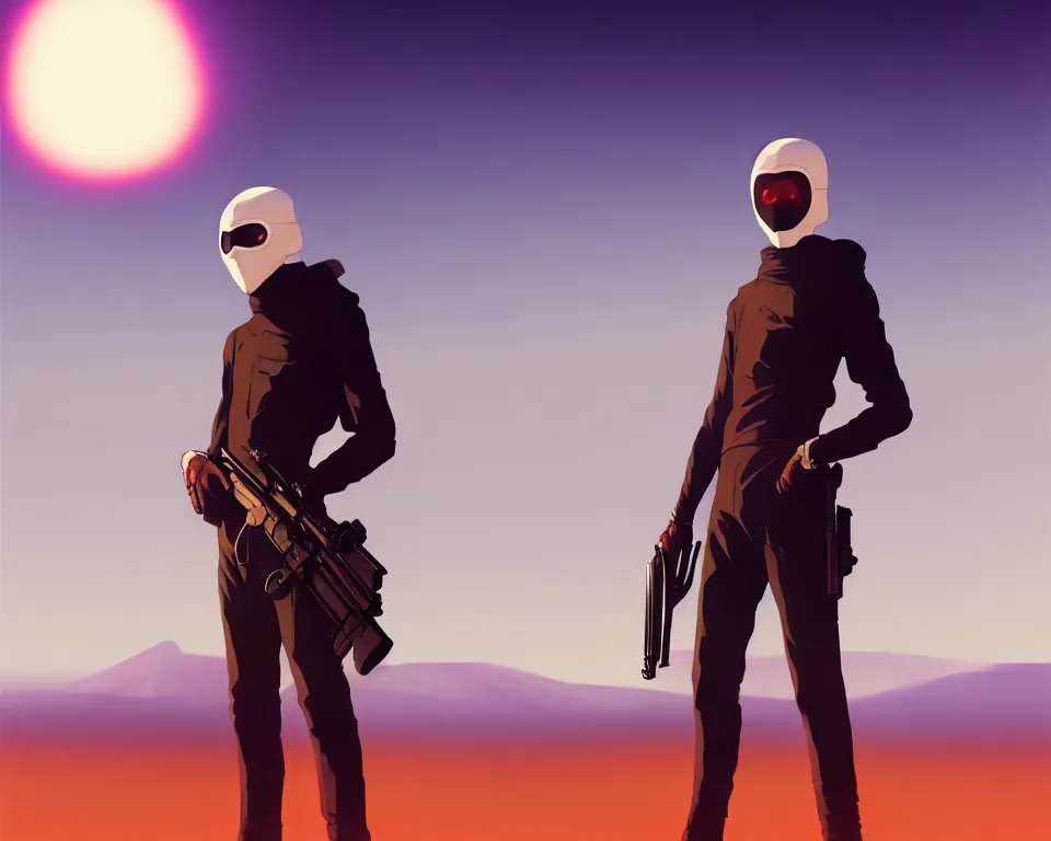 Image similar to white masked man in front of burning desert, by ilya kuvshinov, greg rutkowski and makoto shinkai, trending on artstation