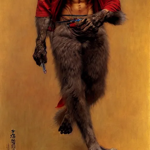 Image similar to a male ninja ratwolfman rat wolf man in a red kimono furry arms furry body walking stick. furaffinity furry art detailed face painting by gaston bussiere craig mullins jc leyendecker gustav klimt artgerm greg rutkowski furry