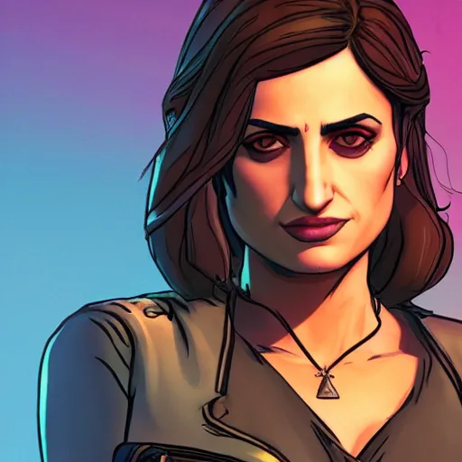 Image similar to penelope cruz portrait, borderlands, tales from the borderlands, the wolf among us, comic, cinematic lighting, studio quality, 8 k