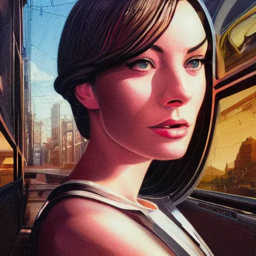 Image similar to detailed face of a woman, clockwork, moment, tectonic sky, skydome, bullet train, turbines, utopian, tech noir, wet reflections, prism, atmospheric, ambient, pj crook, syd mead, livia prima, artgerm, greg rutkowski, nick alm, casey baugh