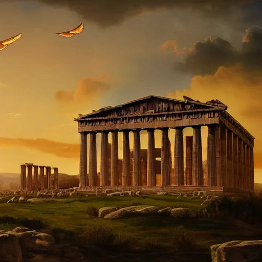 Image similar to the Parthenon with wings on its sides, flapping its wings flying in sunset sky, oil on canvas, intricate, 8k highly professionally detailed, HDR, CGsociety