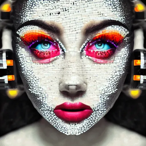 Image similar to portrait mosaic of a beautiful cute girl with robot ears and eyes, 4k, intricate details