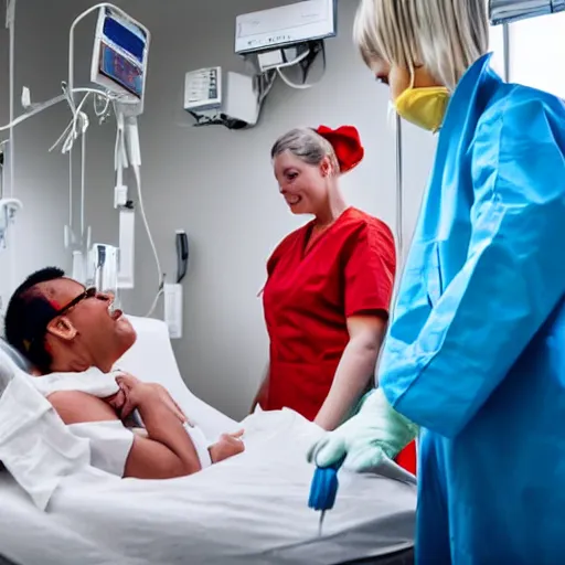 Image similar to nurse taking care of a patient who is a clown who is in restraints in a hospital bed