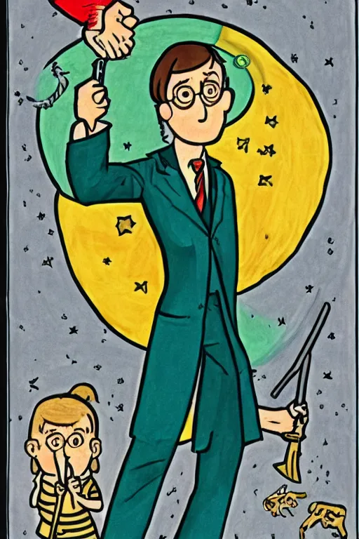 Image similar to an illustration of harry potter holding a pistol in the style of goodnight moon by margaret wise brown